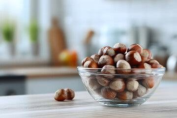 Hazelnuts in a glass bowl on a blurred background of a modern kitchen