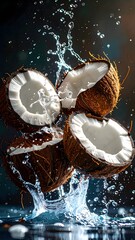 Fresh coconuts splashing water with droplets in mid-air, tropical refreshment concept, nature background, healthy organic fruit, summer drink ingredient