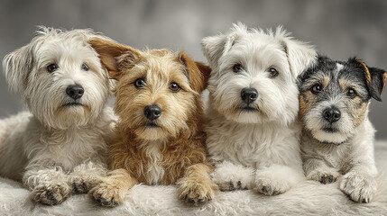 Four small dogs with soft fur lying close together on fluffy surface, showing calm and gentle expressions with controlled soft lighting in neutral background
