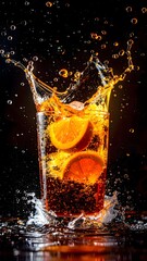 Refreshing citrus fruit soda with ice cubes and sparkling bubbles splashing in a tall glass on a dark background for cool summer beverage