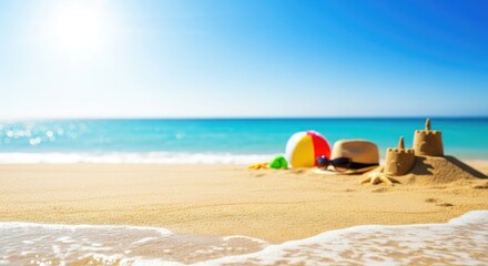 Obraz premium A colorful beach scene with a sandcastle, ball, and hat on a sunny day.