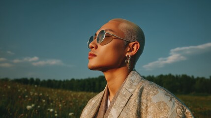 Portrait of a Stylish Young Man in Sunglasses Against a Clear Sky and Lush Green Field During Golden Hour