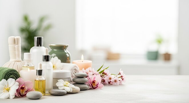 A serene spa setting with flowers, candles, and massage oils.