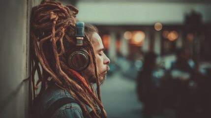 Thoughtful man with dreadlocks enjoying music while leaning against a wall in an urban environment, relaxed and deep in thought