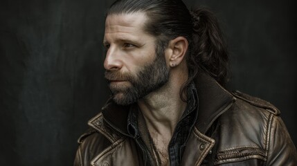 Obraz premium Portrait of a Stylish Man with Long Hair and Beard in a Vintage Leather Jacket Against a Dark Background