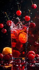 Refreshing cherry orange fruit cocktail in a tall glass with ice and water splash cold summer beverage garnished with fresh cherries and orange slice on dark background