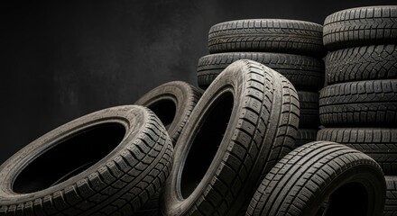 Obraz premium A pile of old tires against a dark background.