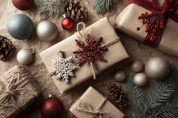 Cozy Christmas gifts wrapped with rustic twine and festive ornaments for a warm holiday celebration and seasonal cheer, ready to give