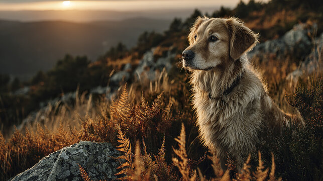 Golden retriever dog standing proudly in golden hour light on rocky hill with dry grass and distant forest landscape at sunset