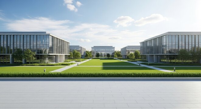 Modern office buildings with glass facades and green lawns in front.