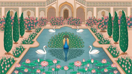 Traditional Mughal garden scene in Pichwai style featuring peacock and arches, designed for wallpaper