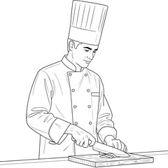 Professional chef in uniform carefully slicing ingredients on a wooden cutting board in a commercial kitchen, demonstrating culinary skill and food preparation techniques.