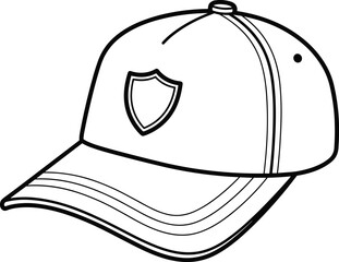 Simple outlined baseball cap illustration featuring curved brim and shield emblem, ideal for design templates, branding concepts, coloring pages, and graphic resources