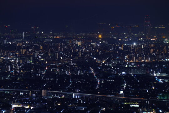 大阪平野夜景　明石海峡大橋望見