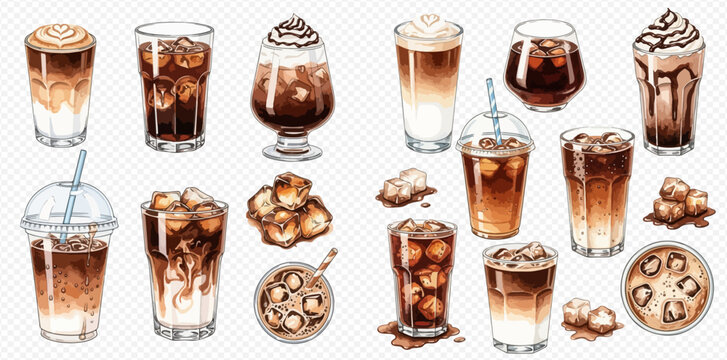 A collection of various iced coffee drinks and coffee-related elements.