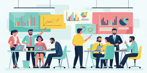 Business team concept vector illustration of successful people working in a circle silhouette