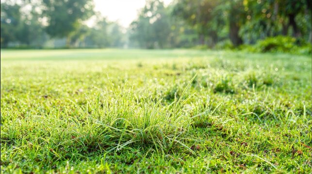 stolon. Lush green lawn with stolon network connecting grass clusters, morning dew. gardening catalogs, home-decor guides, designed for gardening and botanical catalogs, enhances decor appeal.