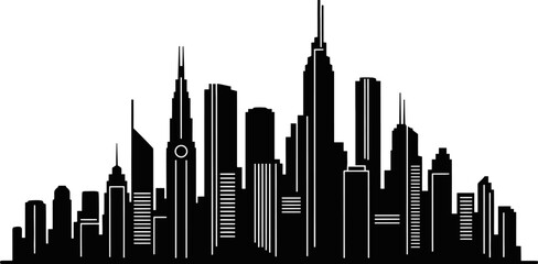 Fototapeta premium Sleek modern city skyline silhouette featuring tall minimalist skyscrapers with clean straight geometric lines against a blank background