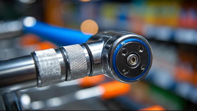 Close-up of a shiny, chrome-plated torque wrench with a blue handle in a store.