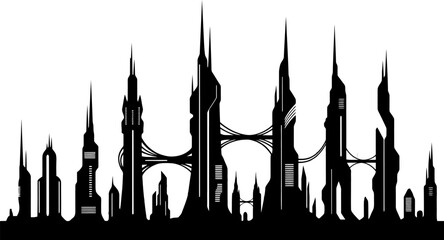 Futuristic city skyline silhouette featuring advanced sci fi architecture with striking geometric and sharp design elements