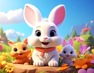 Three animated, fluffy bunnies bask in a sunny outdoor setting with flowers, smiling with large eyes