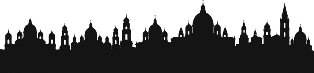 Classic european old city skyline silhouette featuring iconic domes and church towers rendered in a striking black solid fill for versatile design applications