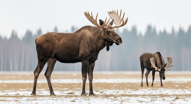 Two moose in a snowy field with trees in the background.
