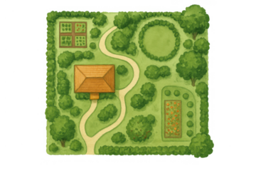 Illustrated top-down map of a house, garden, and landscape design with path and plants on transparent background