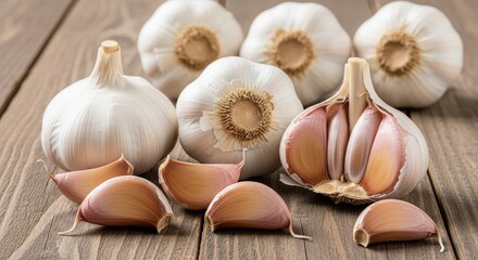 A wooden table with garlic bulbs and cloves on it.