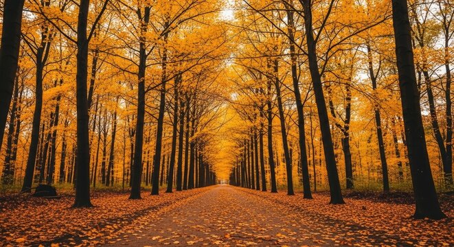 A serene autumnal forest path with orange leaves and tall trees - Powered by Adobe