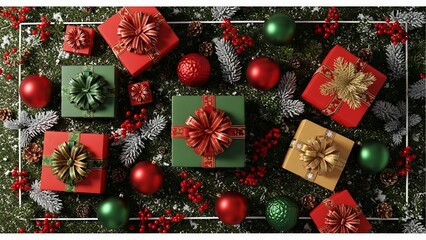Christmas gifts and ornaments on snowy green festive background
