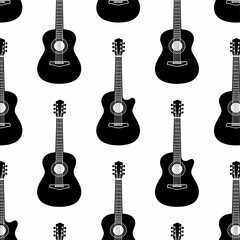 Naklejka premium A black and white pattern featuring multiple guitars arranged in a repeating design, suitable for musical and graphic design contexts.