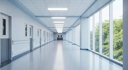 A long, empty hospital corridor with large windows on the right side, leading to a green, leafy outdoor area.