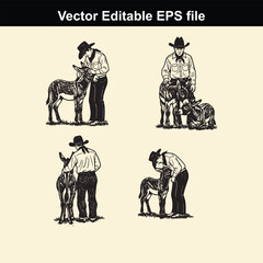 collection of four vector illustrations depicting a cowboy or farmer interacting affectionately with donkeys or mules in various poses, suitable for western or rural themes