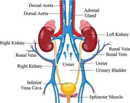 Detailed Vector Diagram of the Human Urinary System, Illustrating the Kidneys, Ureters, and Urinary Bladder, with Associated Blood Vessels including the Dorsal Aorta and Inferior Vena Cava.