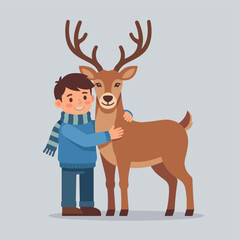 Fototapeta premium A boy in a blue sweater and scarf is hugging a brown deer, creating a friendly and heartwarming scene.