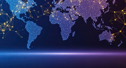 A world map with glowing connections against a dark blue background.