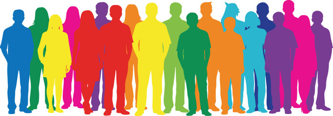 Diverse group of standing people silhouettes in vibrant colors, men and women showing social inclusion, community, or team diversity concept, isolated full-length vector graphic set.