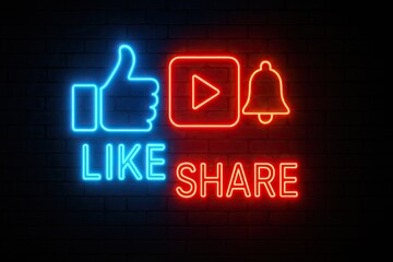Vibrant neon sign illustration featuring glowing like icon, share text, play button and notification bell on a dark brick background