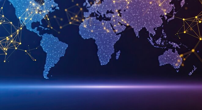 A world map with glowing connections against a dark blue background.