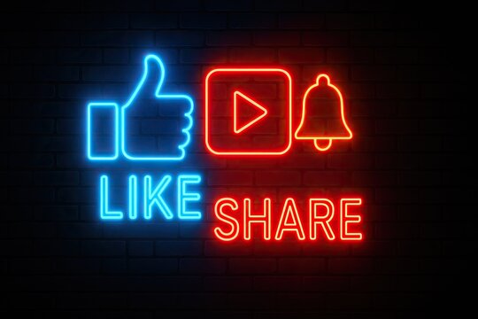 Vibrant neon sign illustration featuring glowing like icon, share text, play button and notification bell on a dark brick background - Powered by Adobe