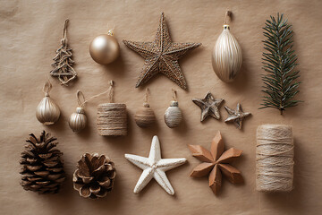 Rustic Christmas ornaments flat lay on kraft paper for holiday crafting, seasonal backgrounds, and cozy winter designs, perfect for festive projects