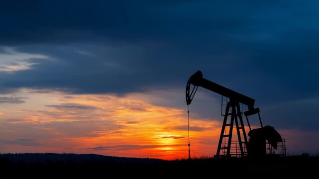 Silhouette of an oil pump jack against a stunning sunset sky, representing energy production