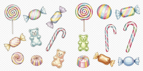 Sweet assortment of watercolor candies with lollipops, gummy bears, wrapped treats, and candy canes on a transparent background.