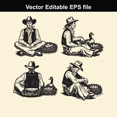 set of four vintage vector illustrations depicting cowboys sitting near goose nests with eggs, presented in a black and white editable eps file format