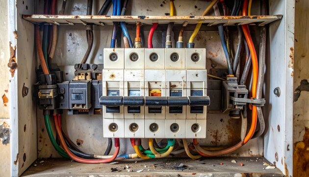 household electrical fuse box blown fuse darkened end tripped breaker home wiring safety inspection failure component plastic residue old installation maintenance risk diagnostic troubleshoot panel