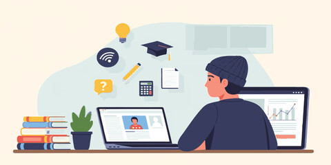 Business woman illustration working on a laptop computer screen icon in office