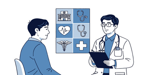 Cartoon vector illustration of a doctor talking to a patient in a hospital office, emphasizing healthcare, medicine, and people