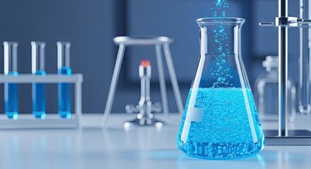 A blue liquid in a laboratory flask with bubbles, with test tubes and a beaker in the background.