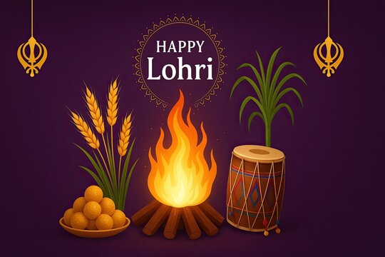 Vibrant Lohri festival celebration illustration featuring bonfire, wheat crops, traditional sweets, sugarcane plants and decorative festive elements on purple background